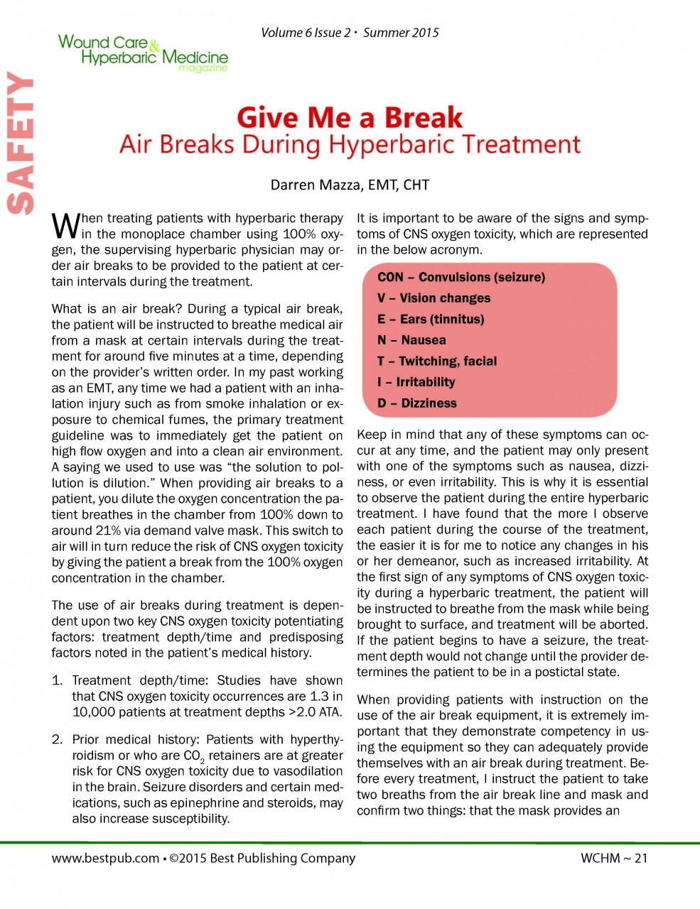Air Breaks During Hyperbaric Treatment by Darren Mazza, EMT, CHT